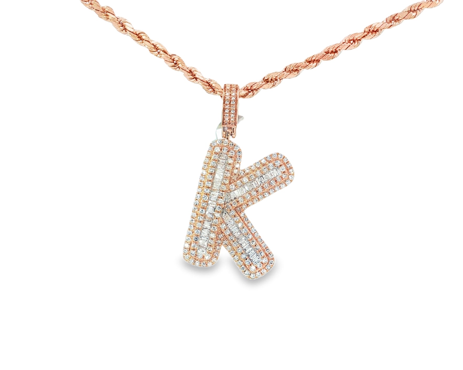 10k Gold Baguette & Round Natural Diamond Initial Pendant 1.00ct