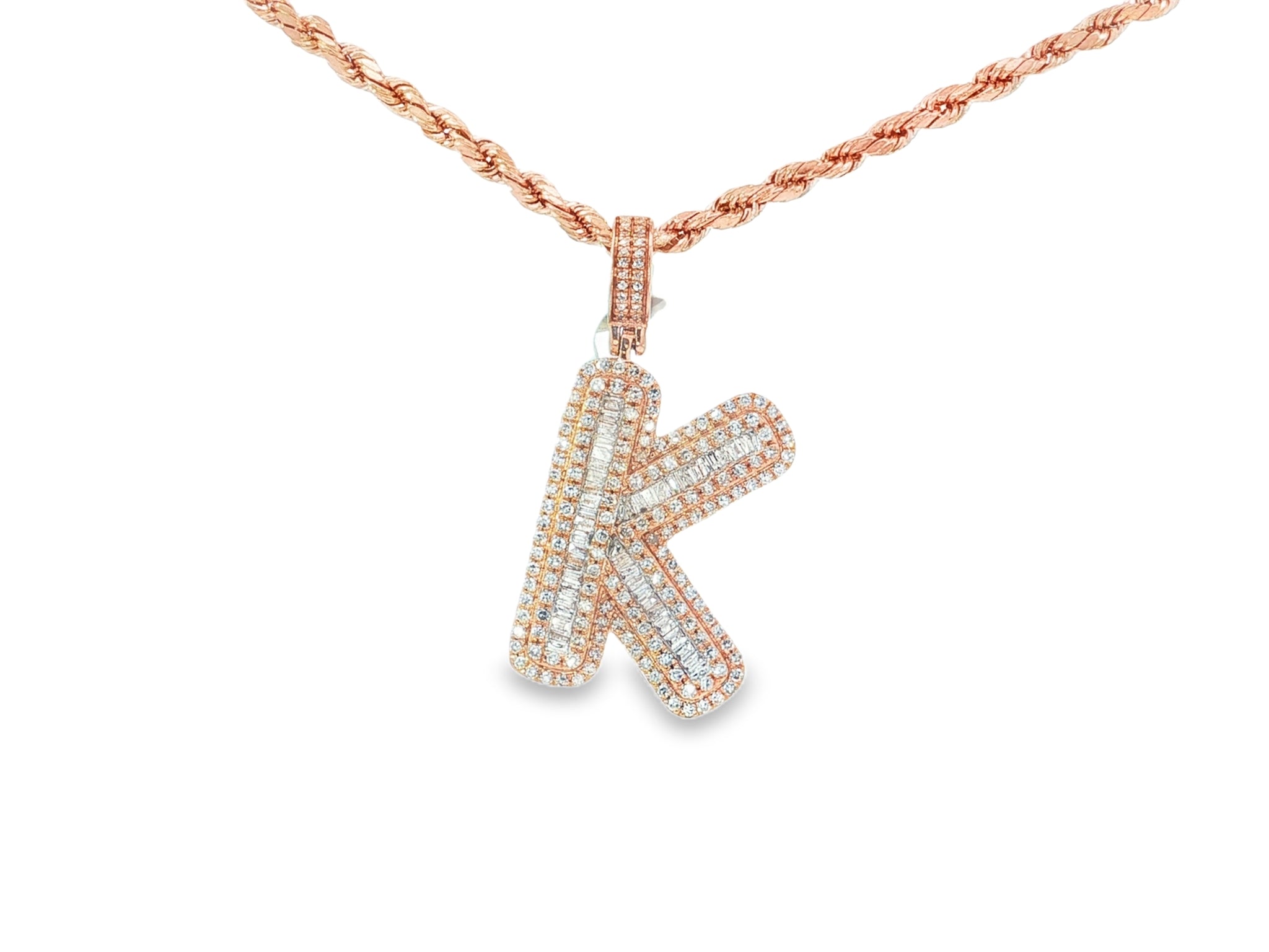 10k Gold Baguette & Round Natural Diamond Initial Pendant 1.00ct