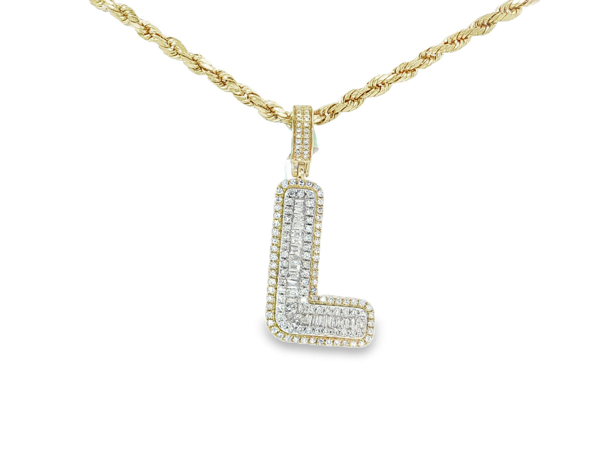 10k Gold Baguette & Round Natural Diamond Initial Pendant 1.00ct