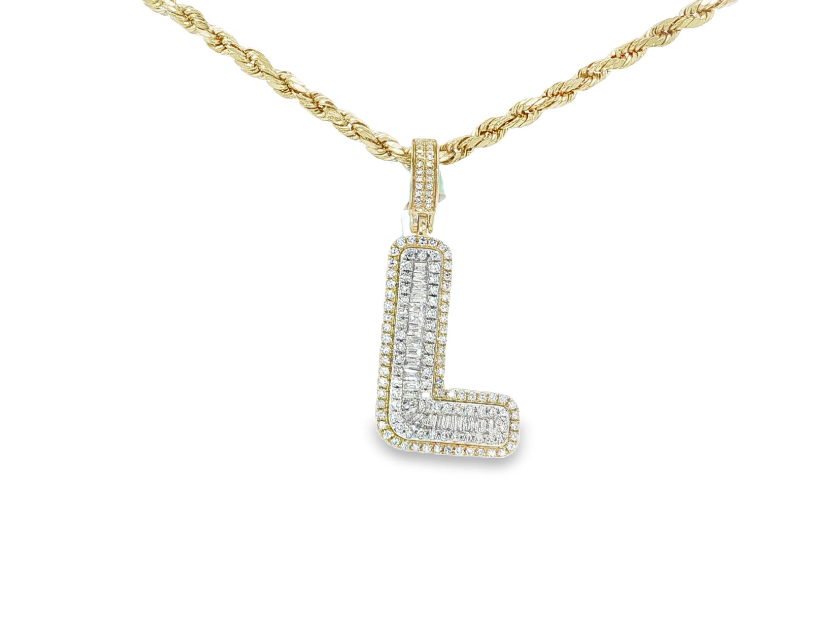 10k Gold Baguette & Round Natural Diamond Initial Pendant 1.00ct