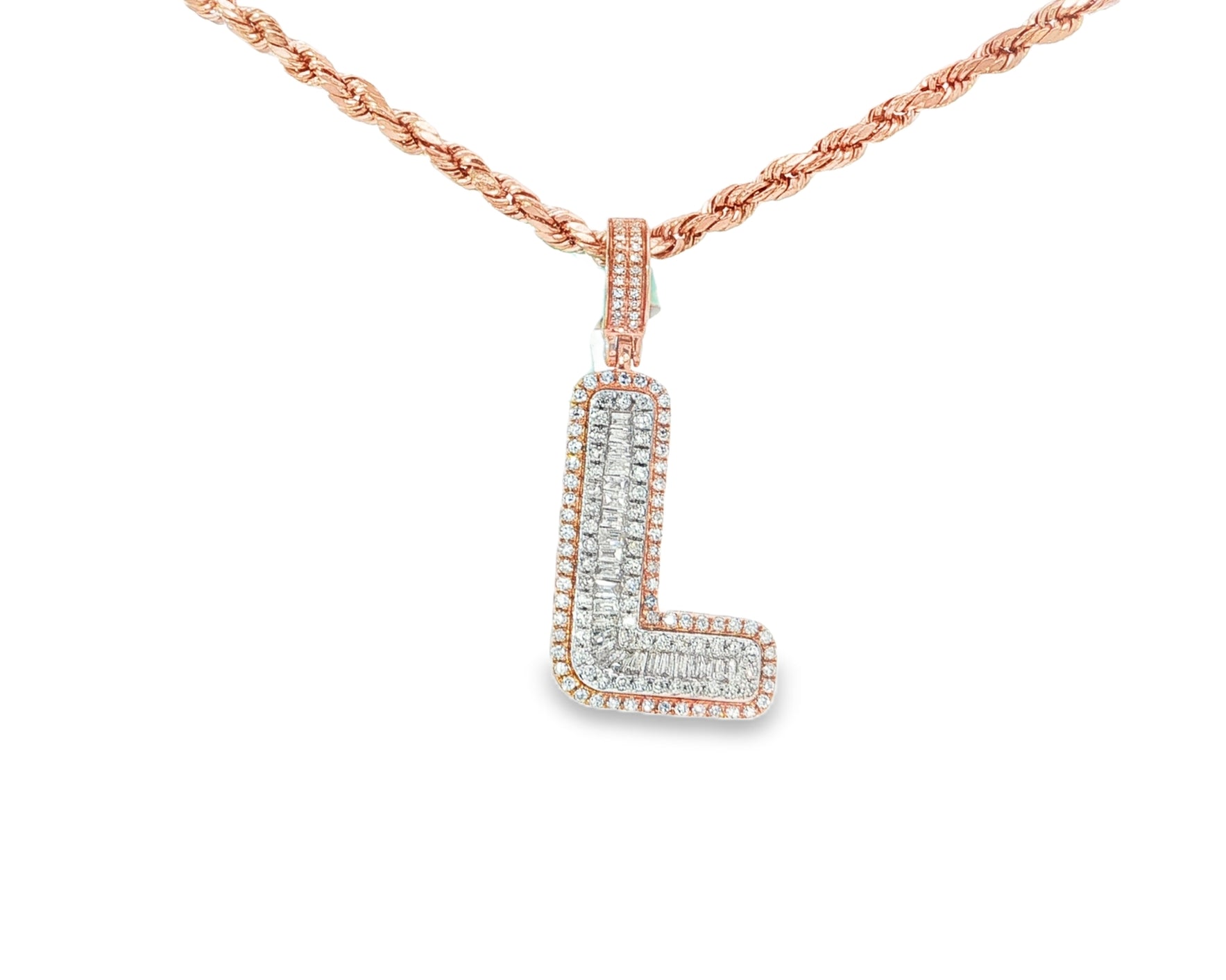 10k Gold Baguette & Round Natural Diamond Initial Pendant 1.00ct