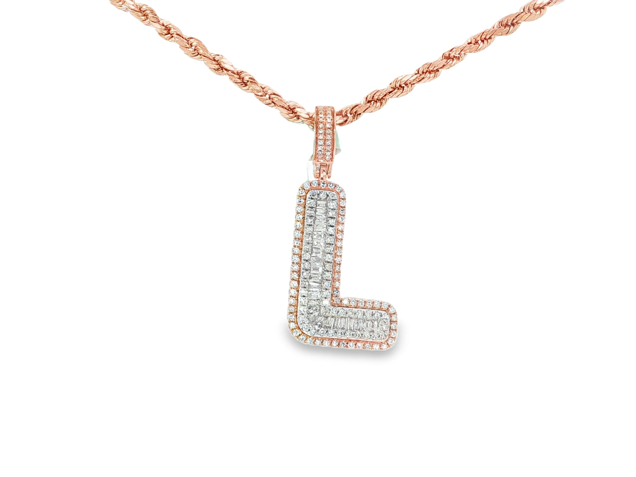 10k Gold Baguette & Round Natural Diamond Initial Pendant 1.00ct