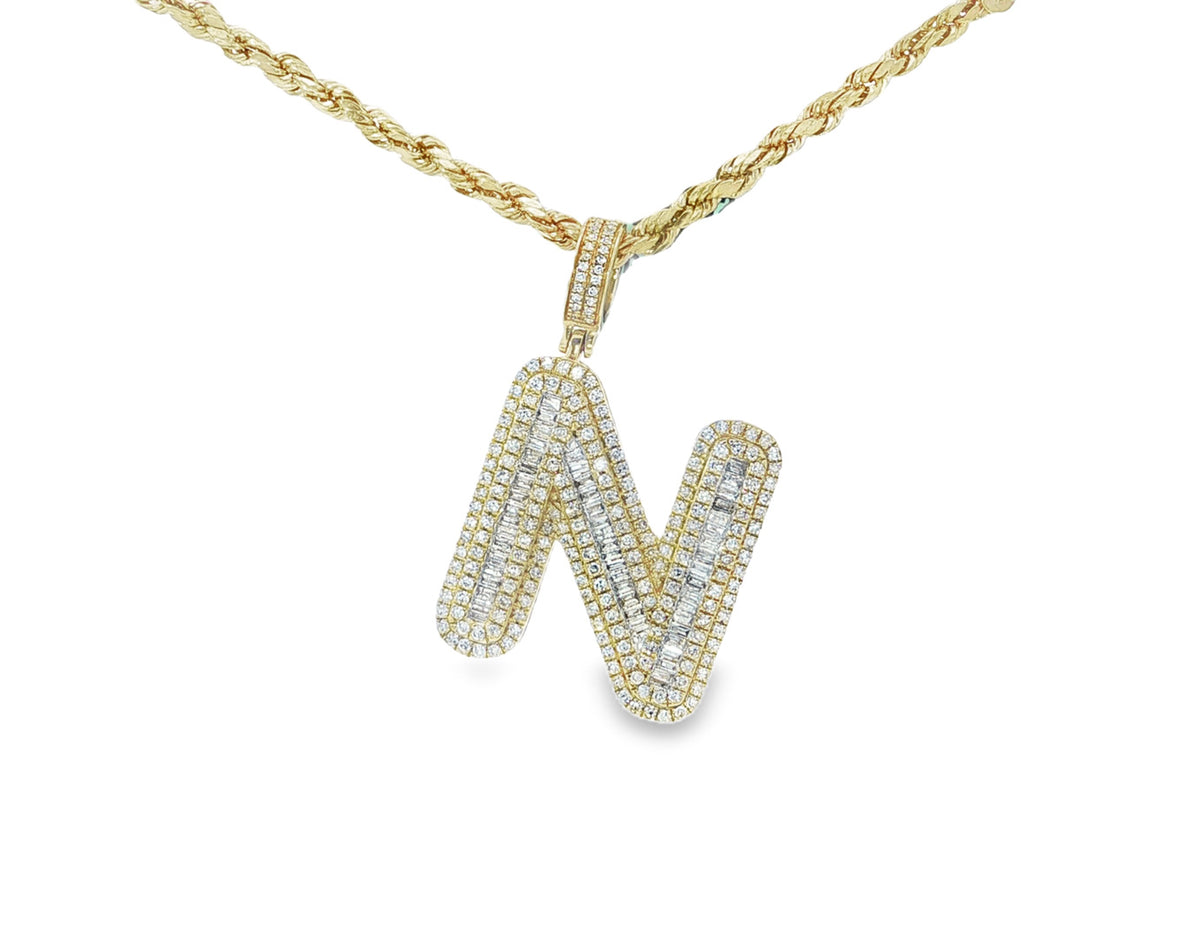 10k Gold Baguette & Round Natural Diamond Initial Pendant 1.00ct