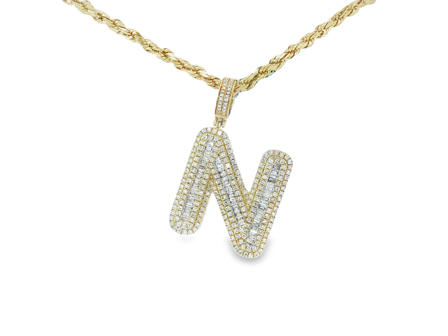 10k Gold Baguette & Round Natural Diamond Initial Pendant 1.00ct