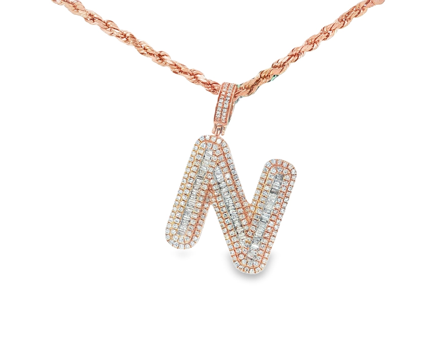 10k Gold Baguette & Round Natural Diamond Initial Pendant 1.00ct