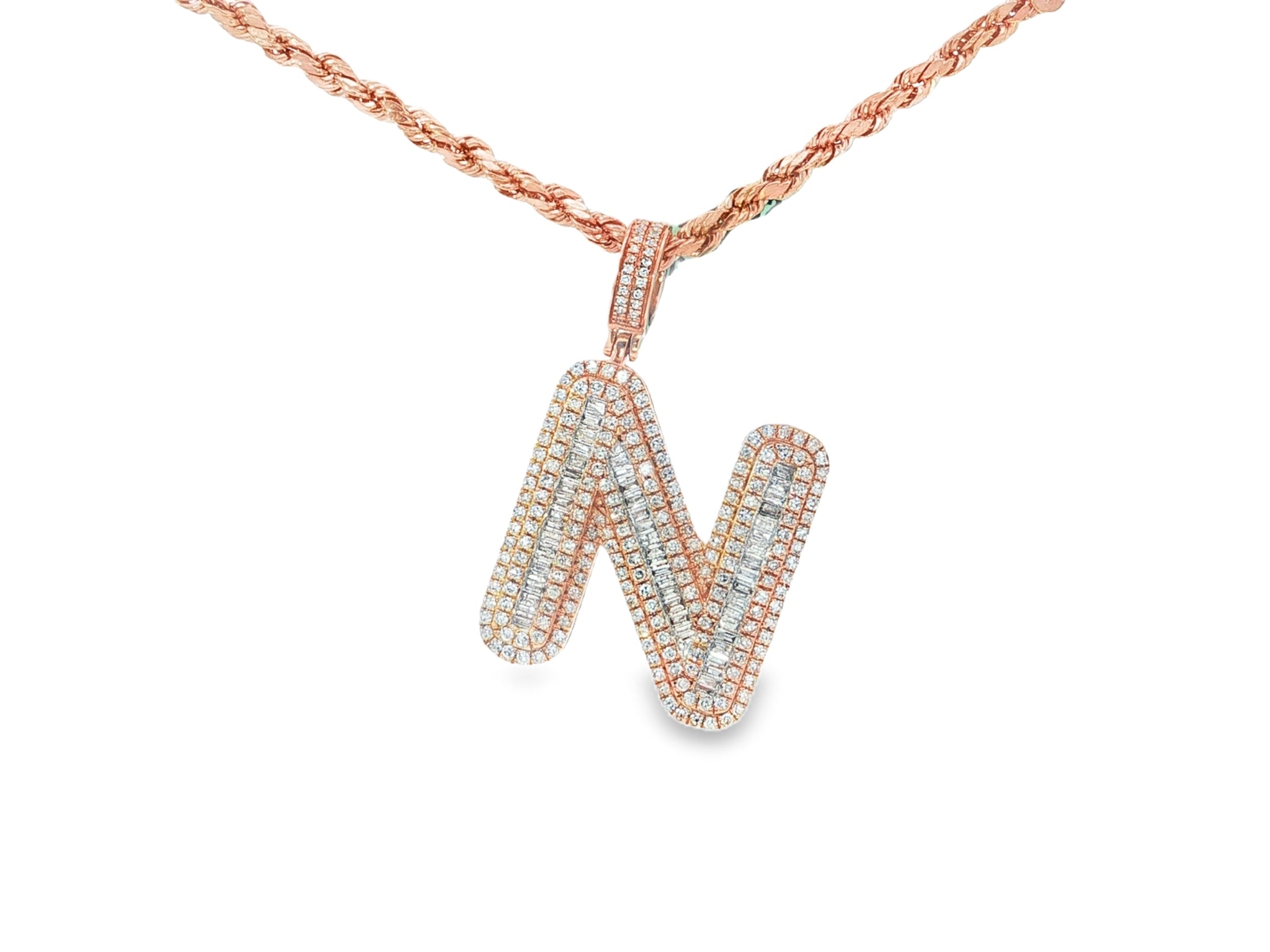 10k Gold Baguette & Round Natural Diamond Initial Pendant 1.00ct