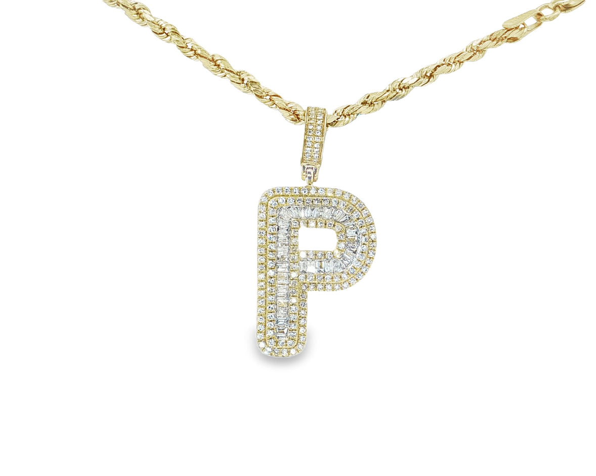 10k Gold Baguette & Round Natural Diamond Initial Pendant 1.00ct