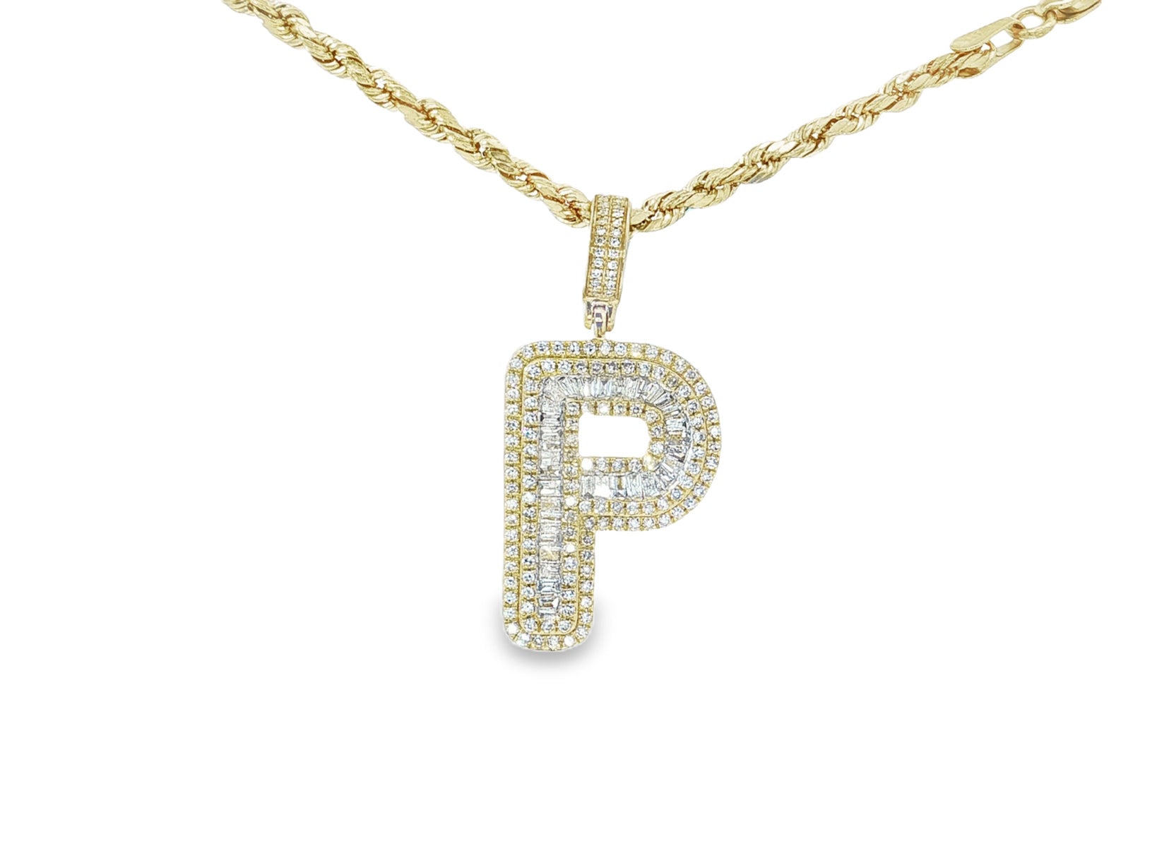 10k Gold Baguette & Round Natural Diamond Initial Pendant 1.00ct
