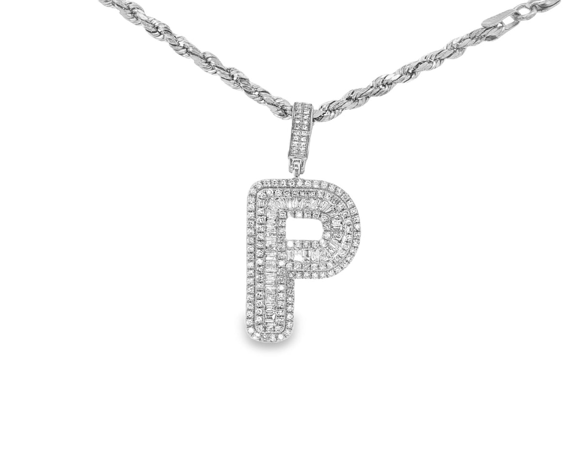 10k Gold Baguette & Round Natural Diamond Initial Pendant 1.00ct