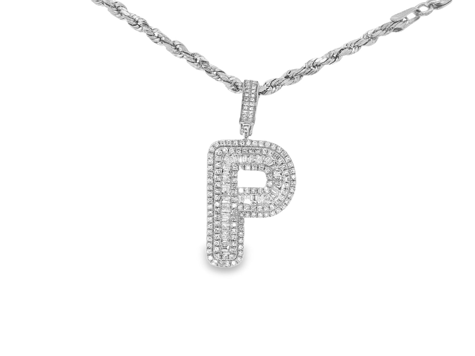 10k Gold Baguette & Round Natural Diamond Initial Pendant 1.00ct