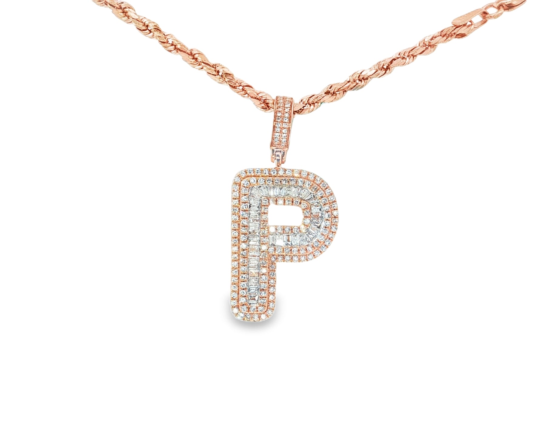 10k Gold Baguette & Round Natural Diamond Initial Pendant 1.00ct