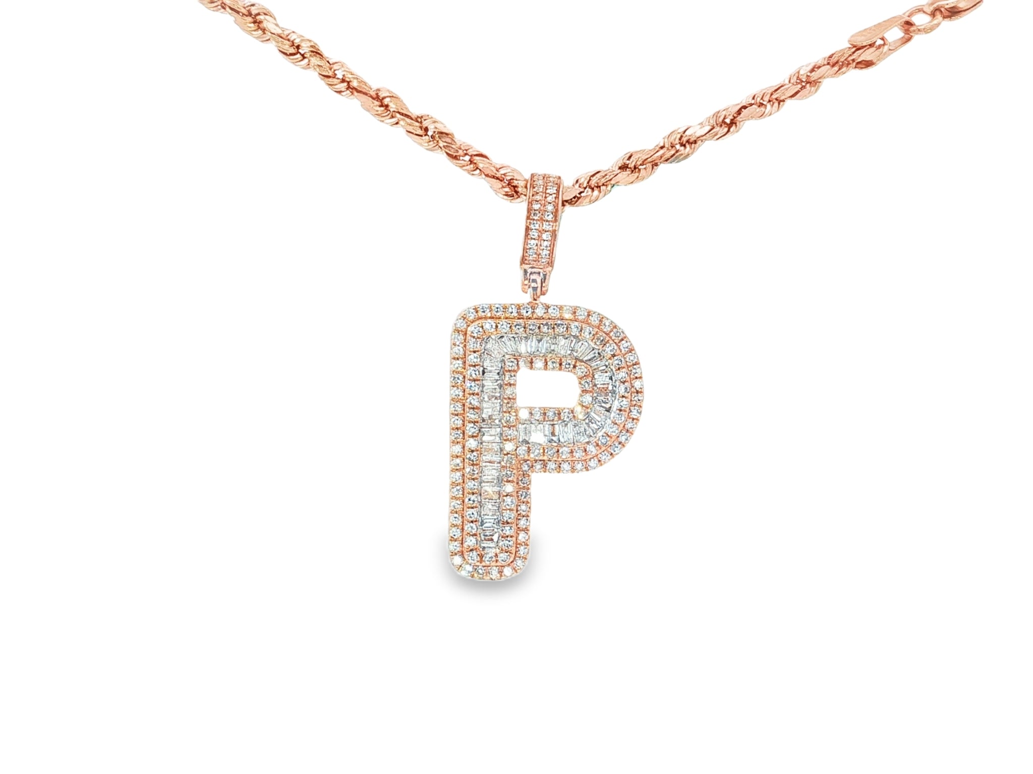 10k Gold Baguette & Round Natural Diamond Initial Pendant 1.00ct