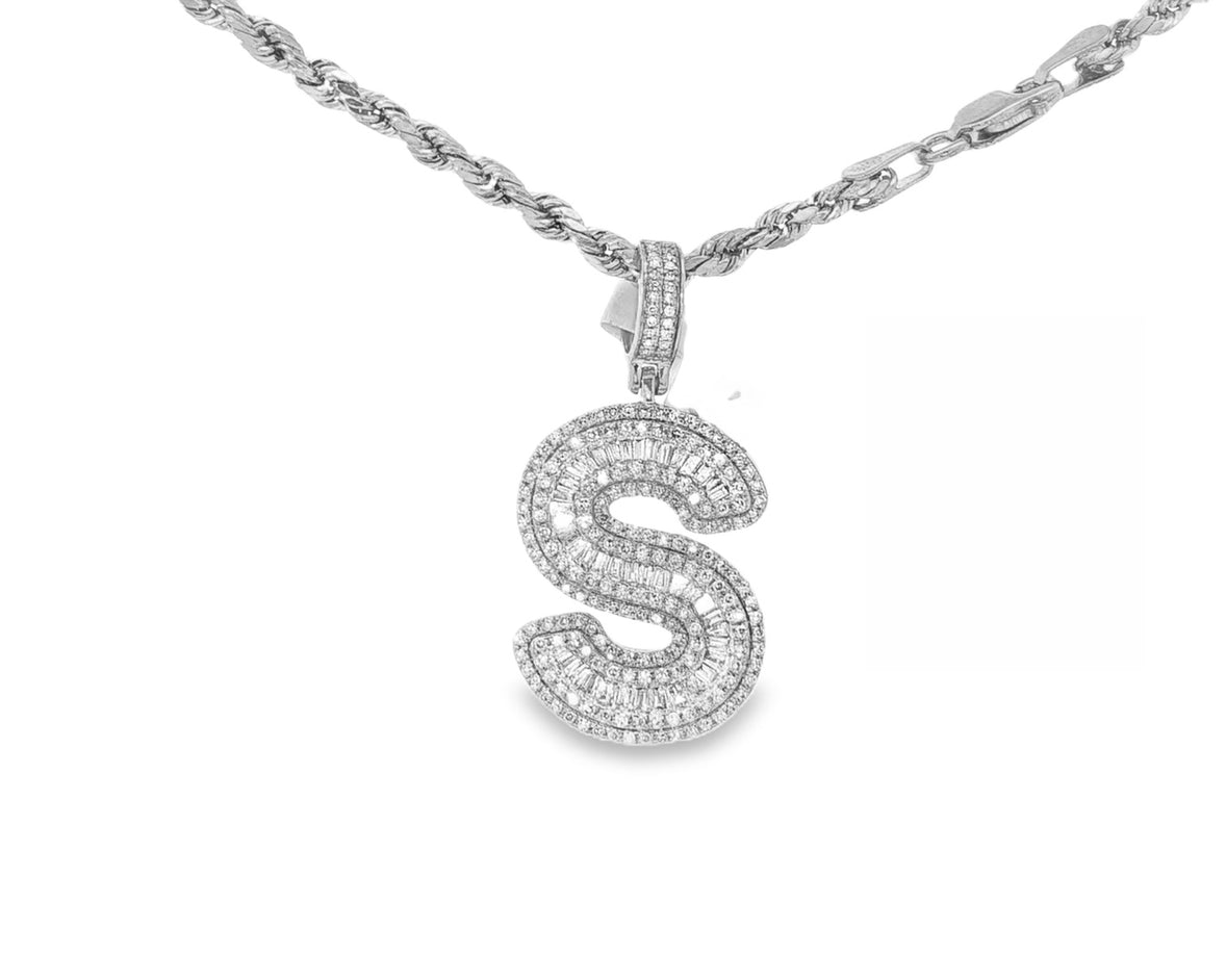 10k Gold Baguette & Round Natural Diamond Initial Pendant 1.00ct