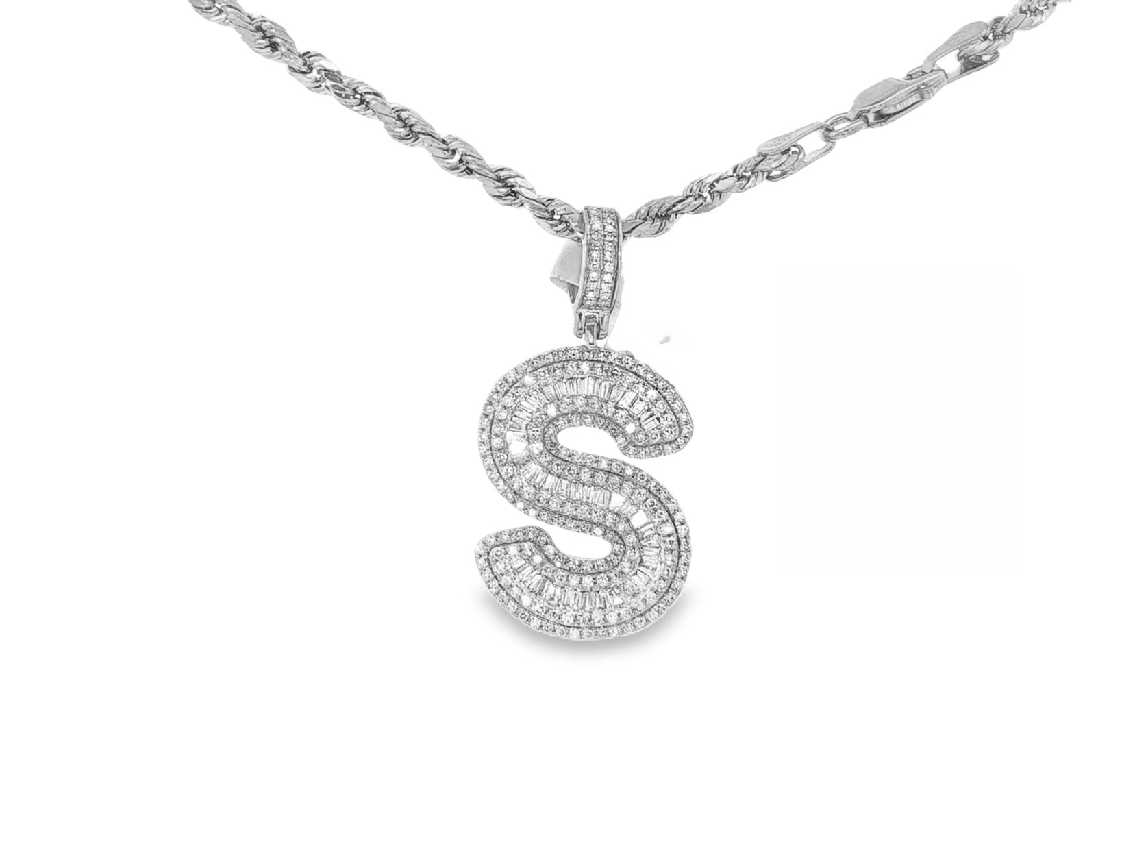 10k Gold Baguette & Round Natural Diamond Initial Pendant 1.00ct