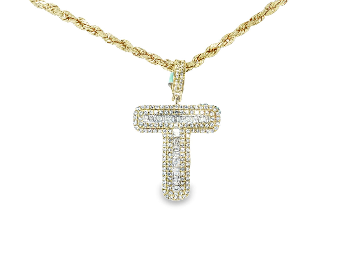 10k Gold Baguette & Round Natural Diamond Initial Pendant 1.00ct