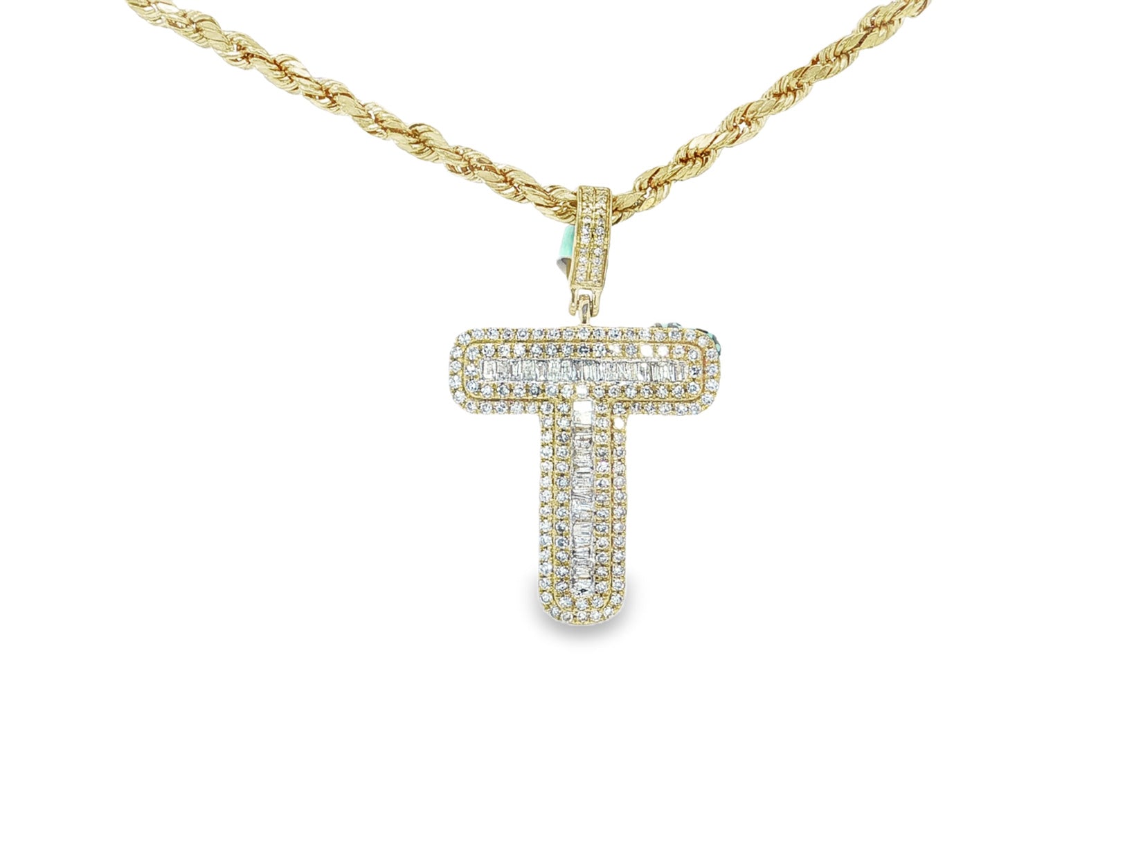 10k Gold Baguette & Round Natural Diamond Initial Pendant 1.00ct