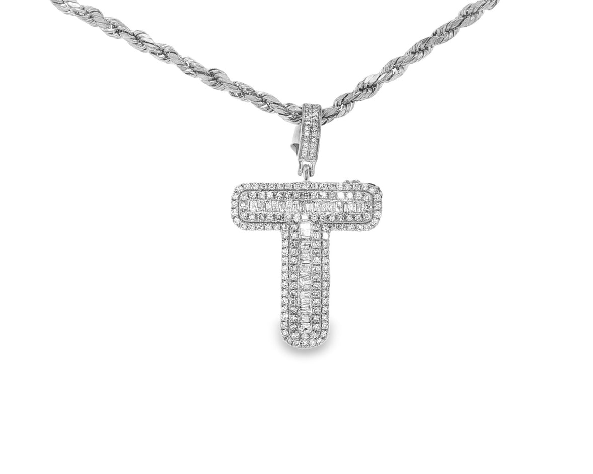 10k Gold Baguette & Round Natural Diamond Initial Pendant 1.00ct