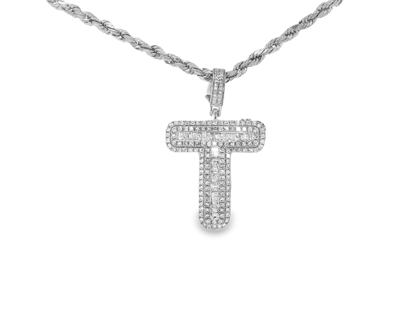 10k Gold Baguette & Round Natural Diamond Initial Pendant 1.00ct