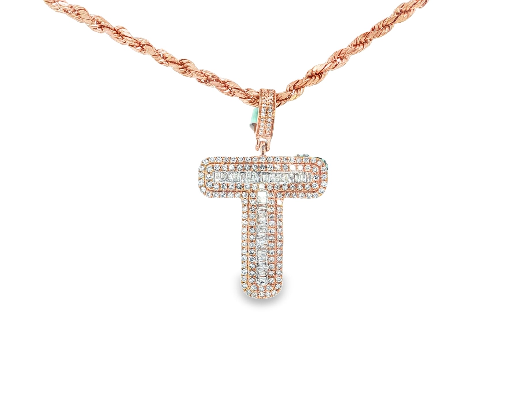 10k Gold Baguette & Round Natural Diamond Initial Pendant 1.00ct