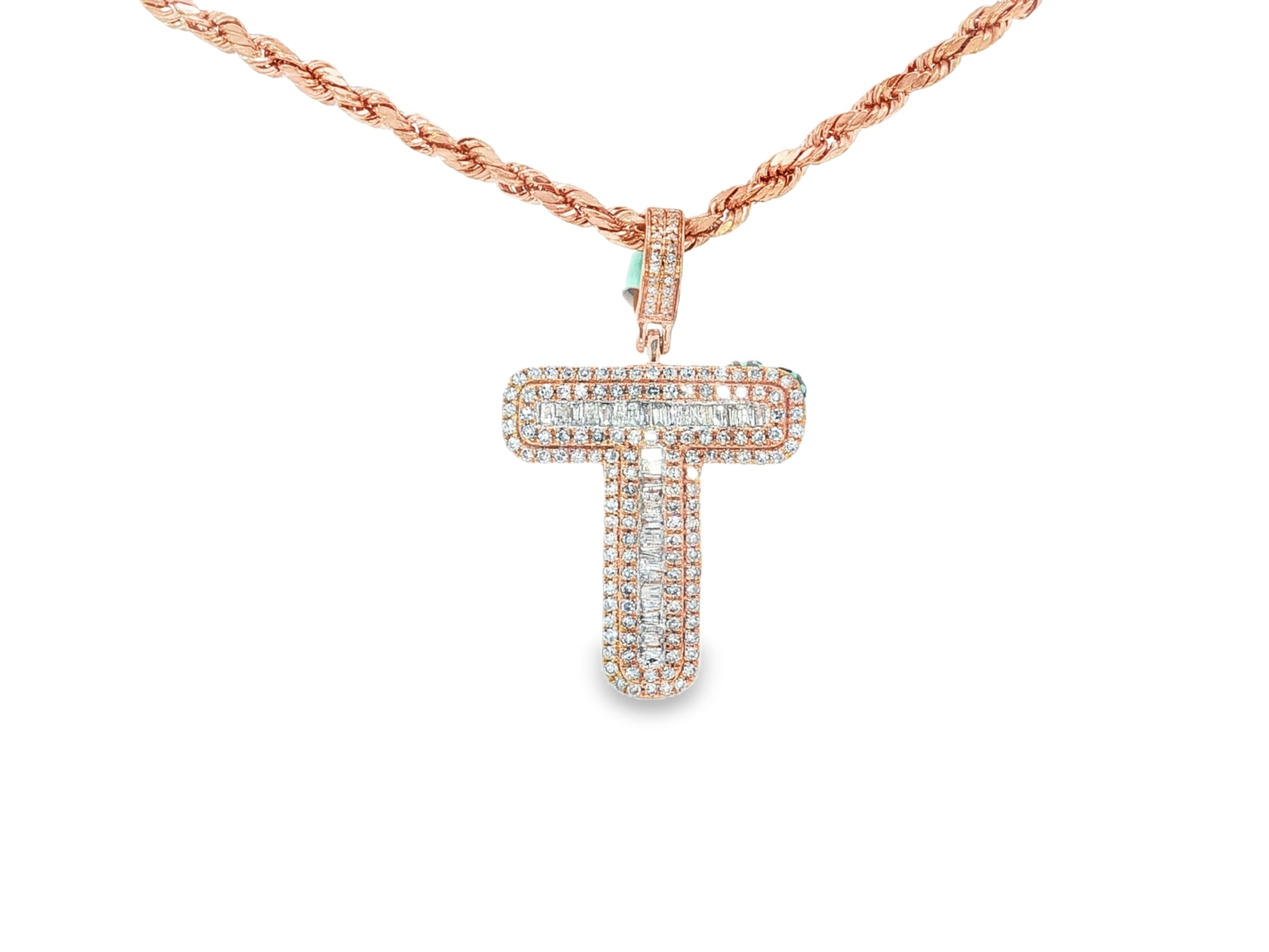 10k Gold Baguette & Round Natural Diamond Initial Pendant 1.00ct