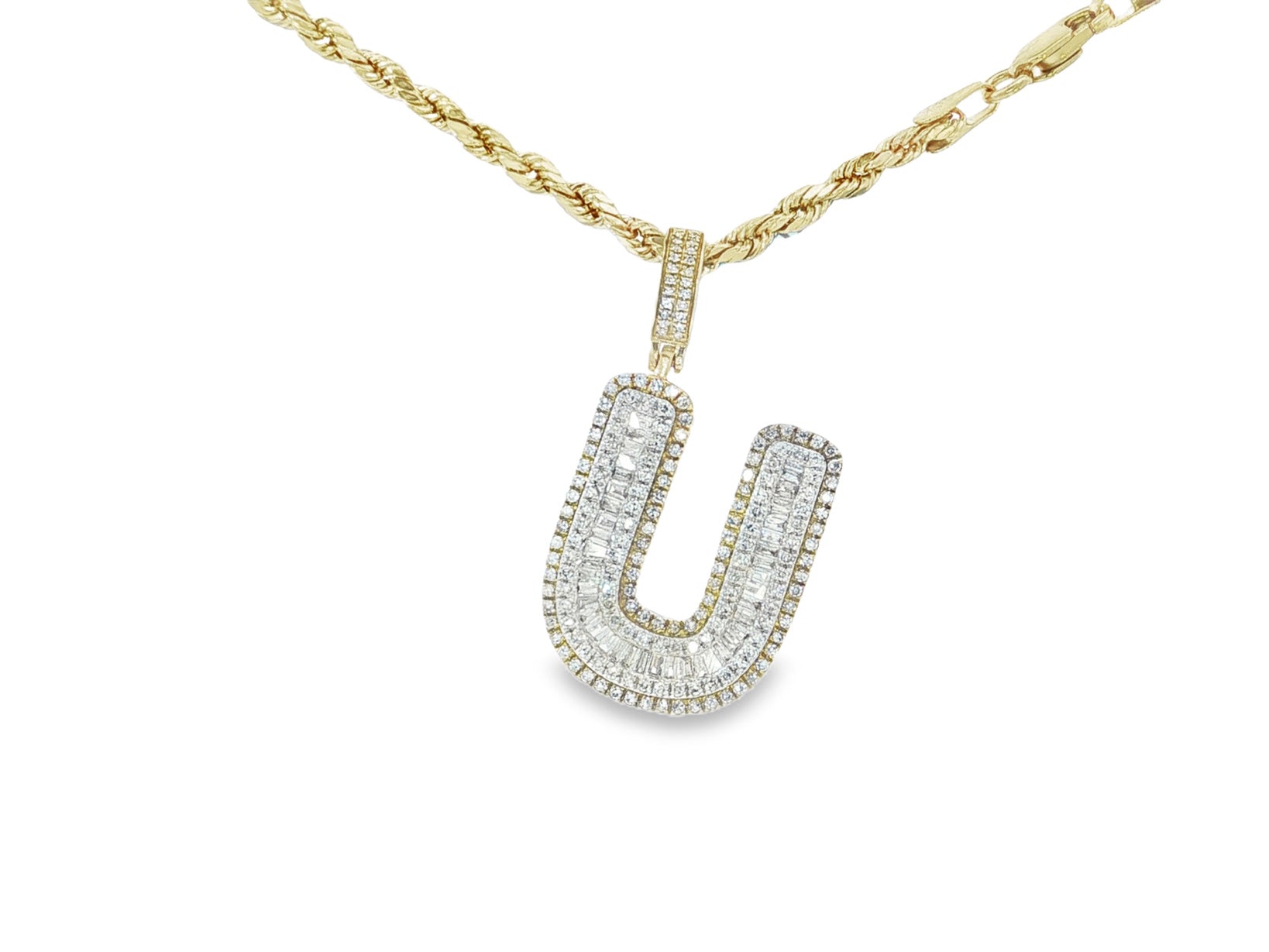10k Gold Baguette & Round Natural Diamond Initial Pendant 1.00ct