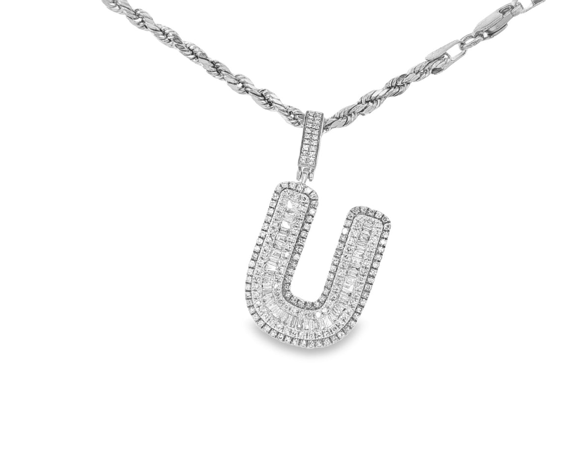 10k Gold Baguette & Round Natural Diamond Initial Pendant 1.00ct