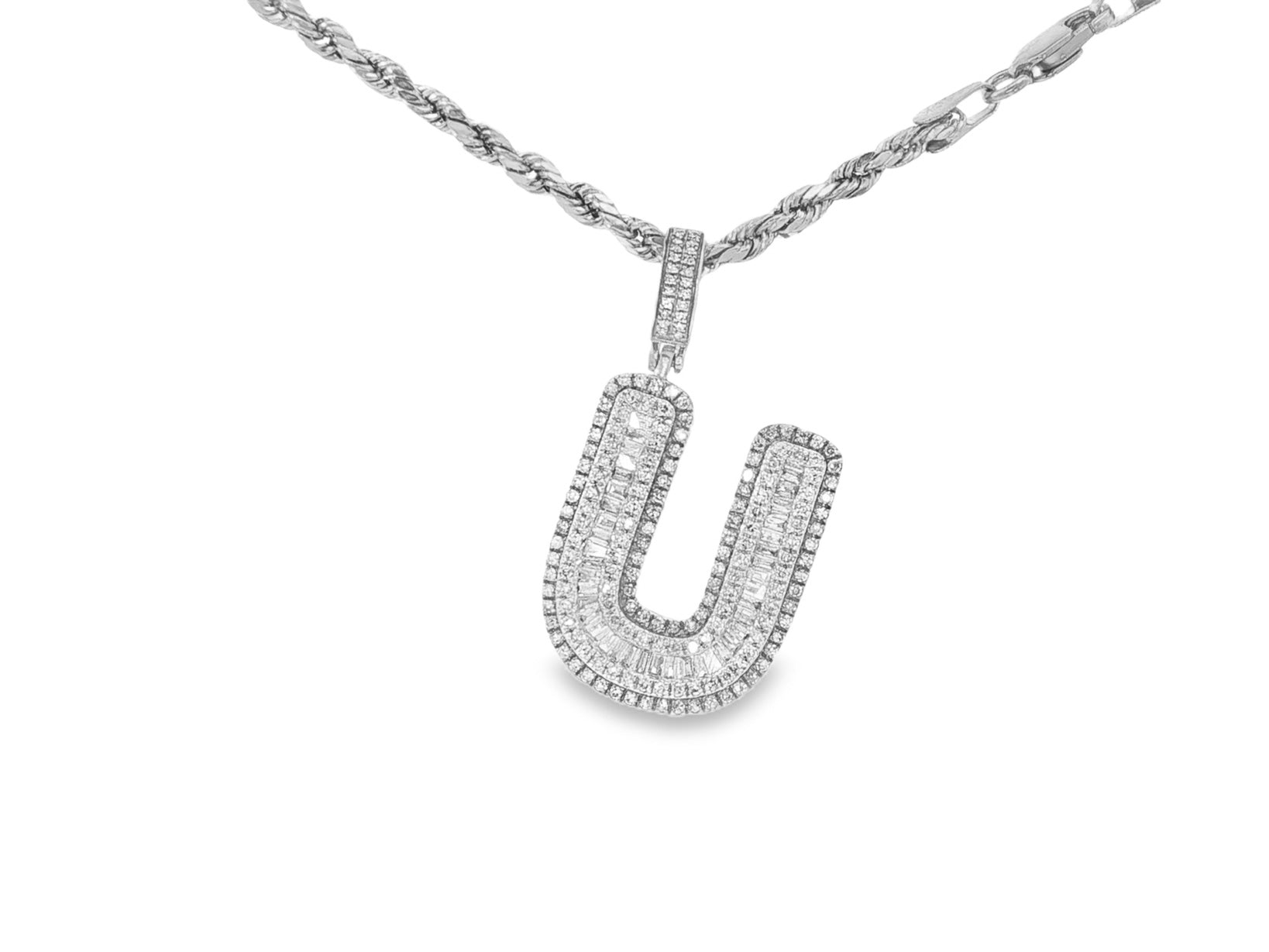 10k Gold Baguette & Round Natural Diamond Initial Pendant 1.00ct