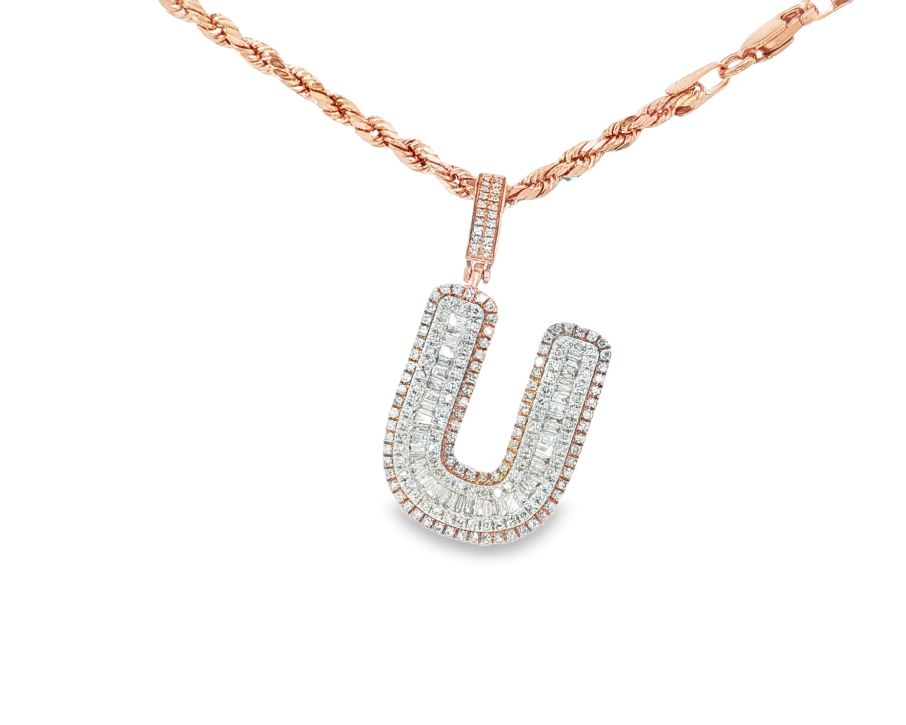 10k Gold Baguette & Round Natural Diamond Initial Pendant 1.00ct