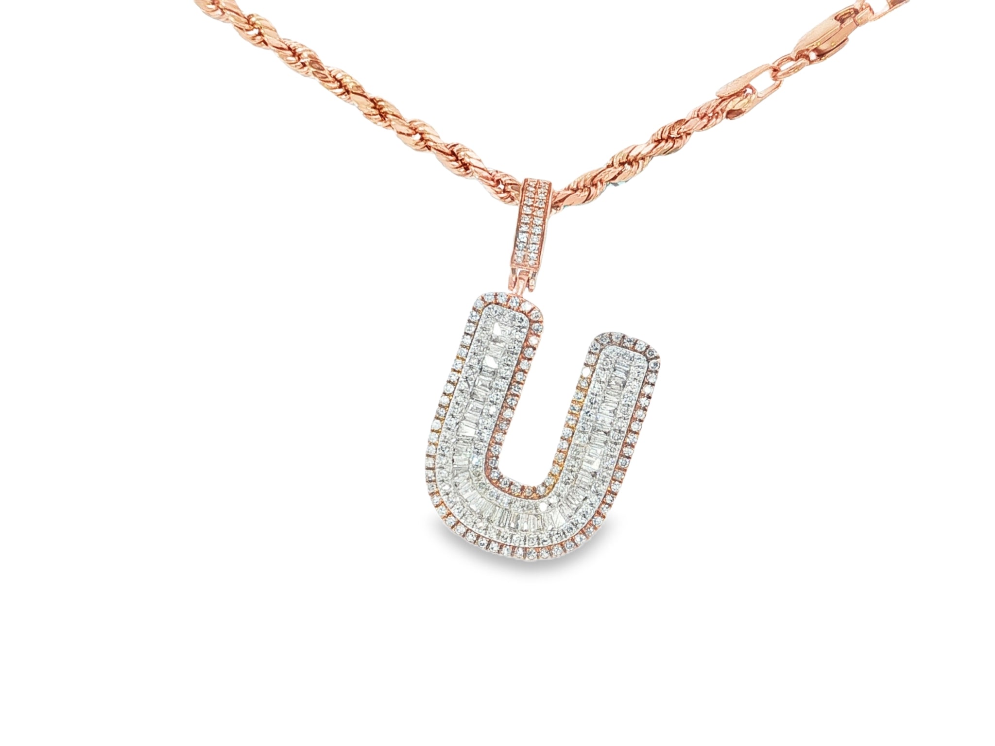 10k Gold Baguette & Round Natural Diamond Initial Pendant 1.00ct