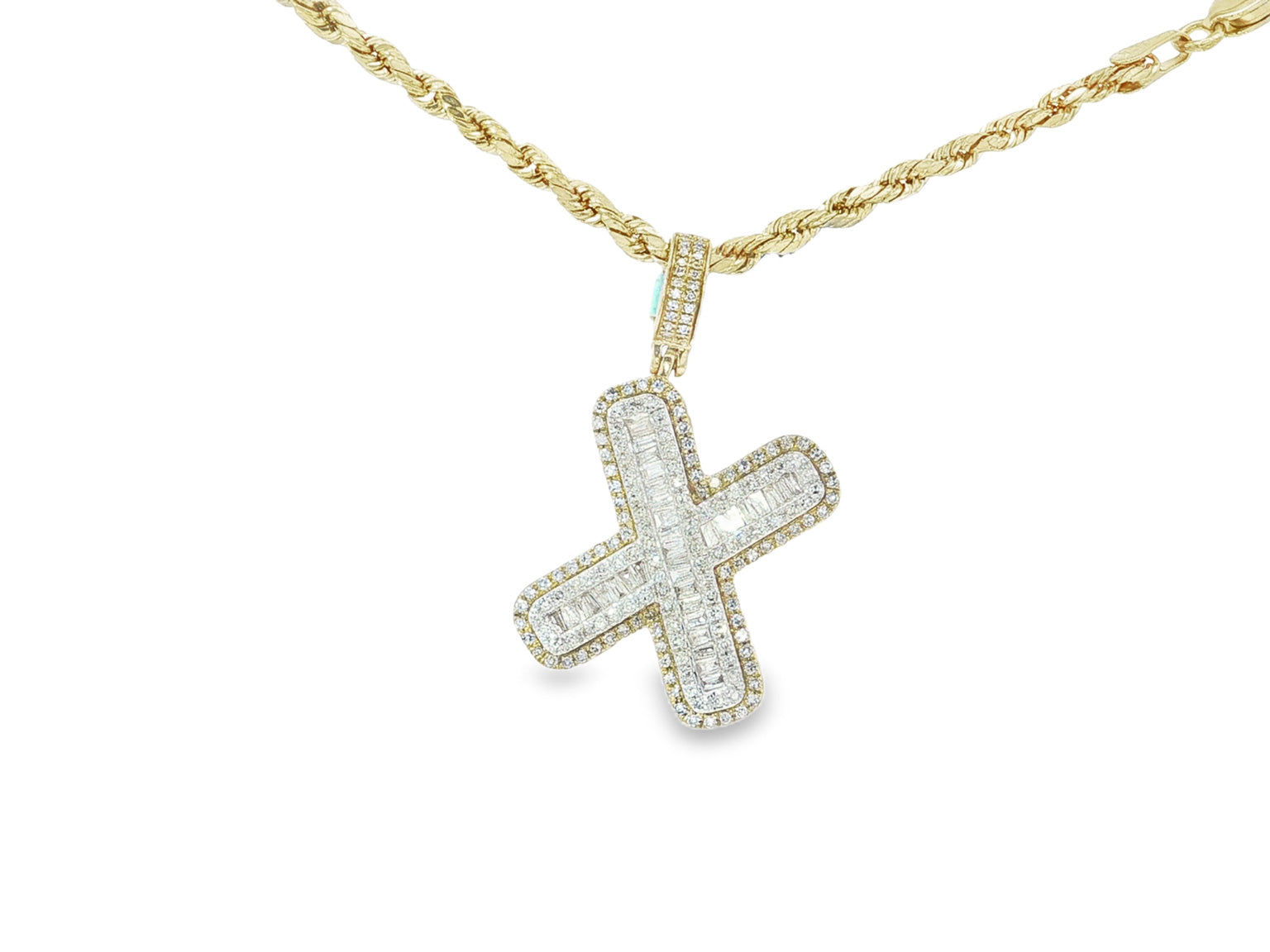 10k Gold Baguette & Round Natural Diamond Initial Pendant 1.00ct