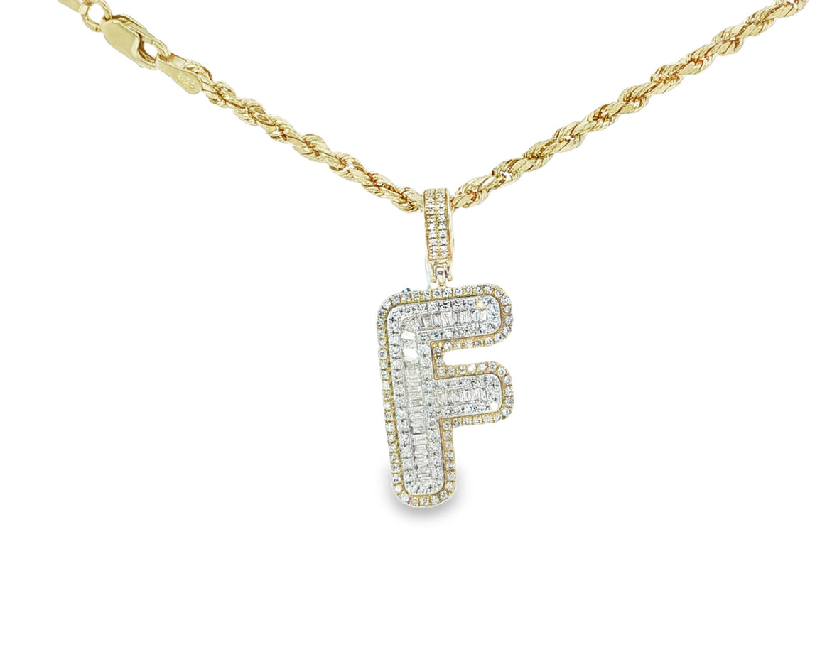 10k Gold Baguette & Round Natural Diamond Initial Pendant 1.00ct