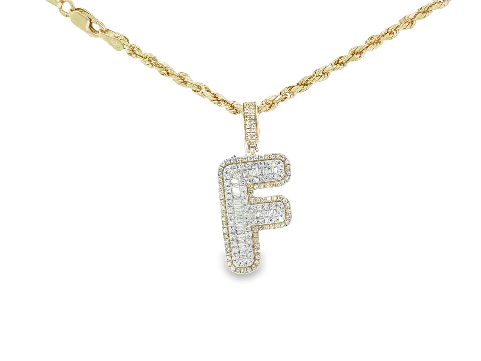 10k Gold Baguette & Round Natural Diamond Initial Pendant 1.00ct
