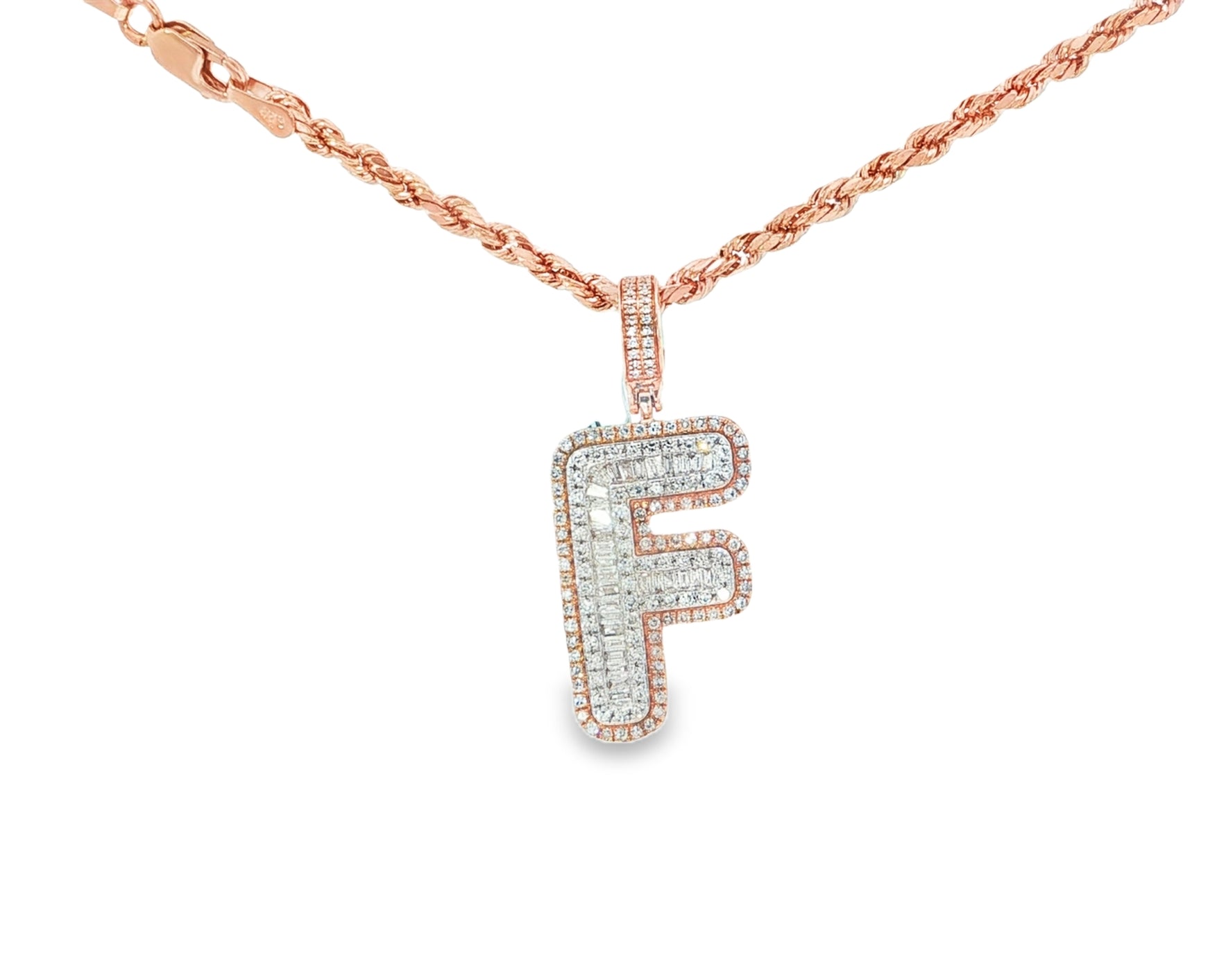 10k Gold Baguette & Round Natural Diamond Initial Pendant 1.00ct