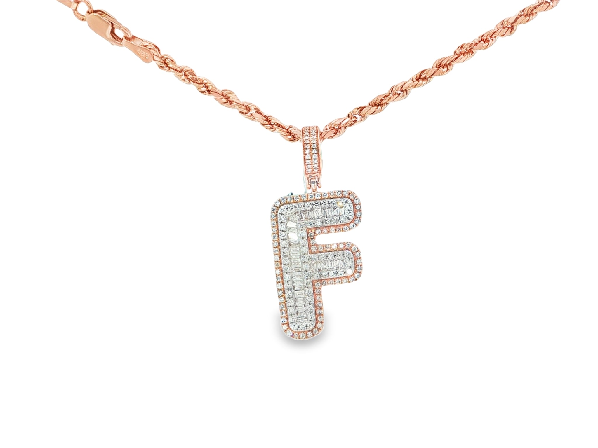 10k Gold Baguette & Round Natural Diamond Initial Pendant 1.00ct
