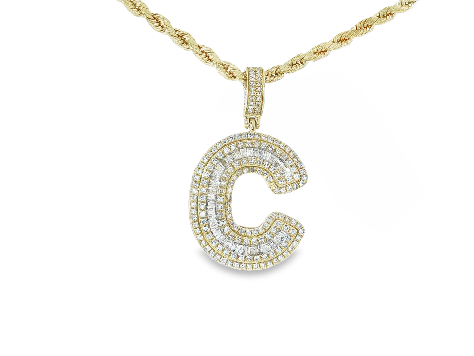 10k Gold Baguette & Round Natural Diamond Initial Pendant 1.00ct