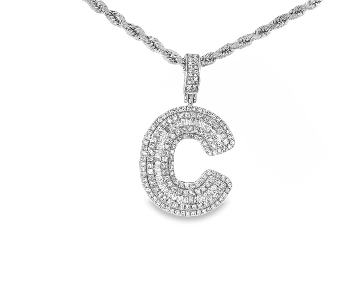 10k Gold Baguette & Round Natural Diamond Initial Pendant 1.00ct