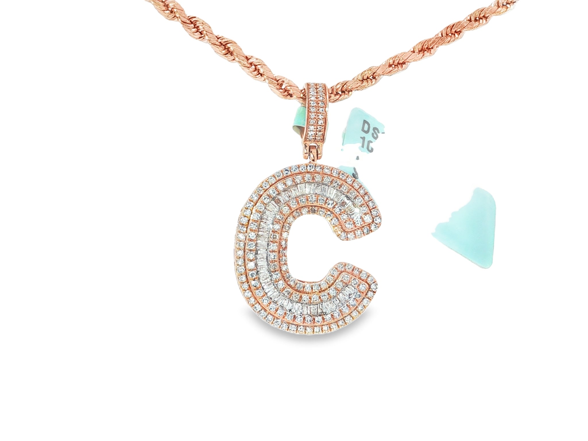 10k Gold Baguette & Round Natural Diamond Initial Pendant 1.00ct