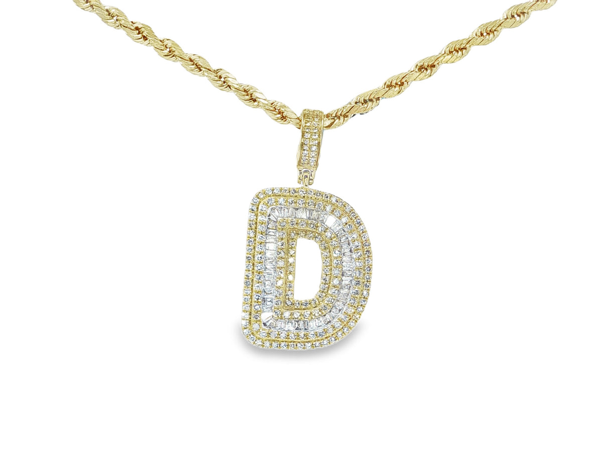 10k Gold Baguette & Round Natural Diamond Initial Pendant 1.00ct