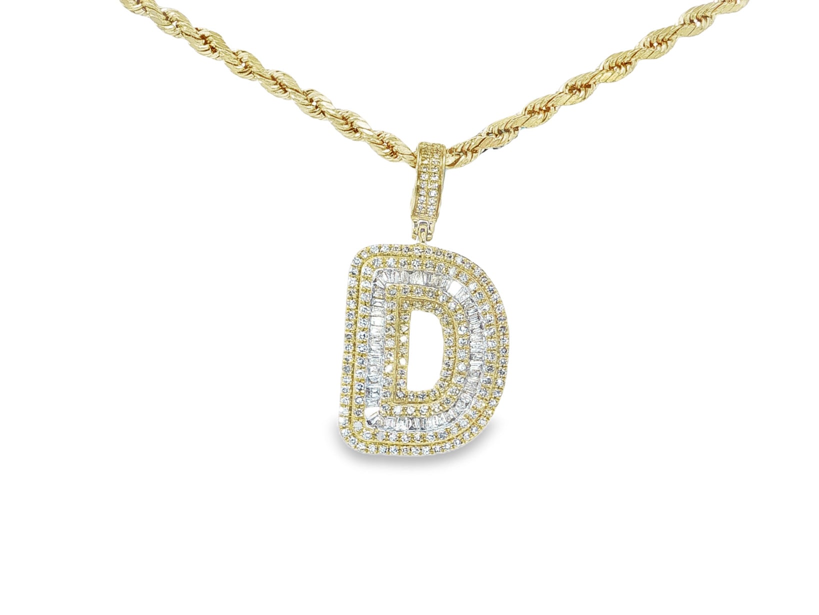 10k Gold Baguette & Round Natural Diamond Initial Pendant 1.00ct
