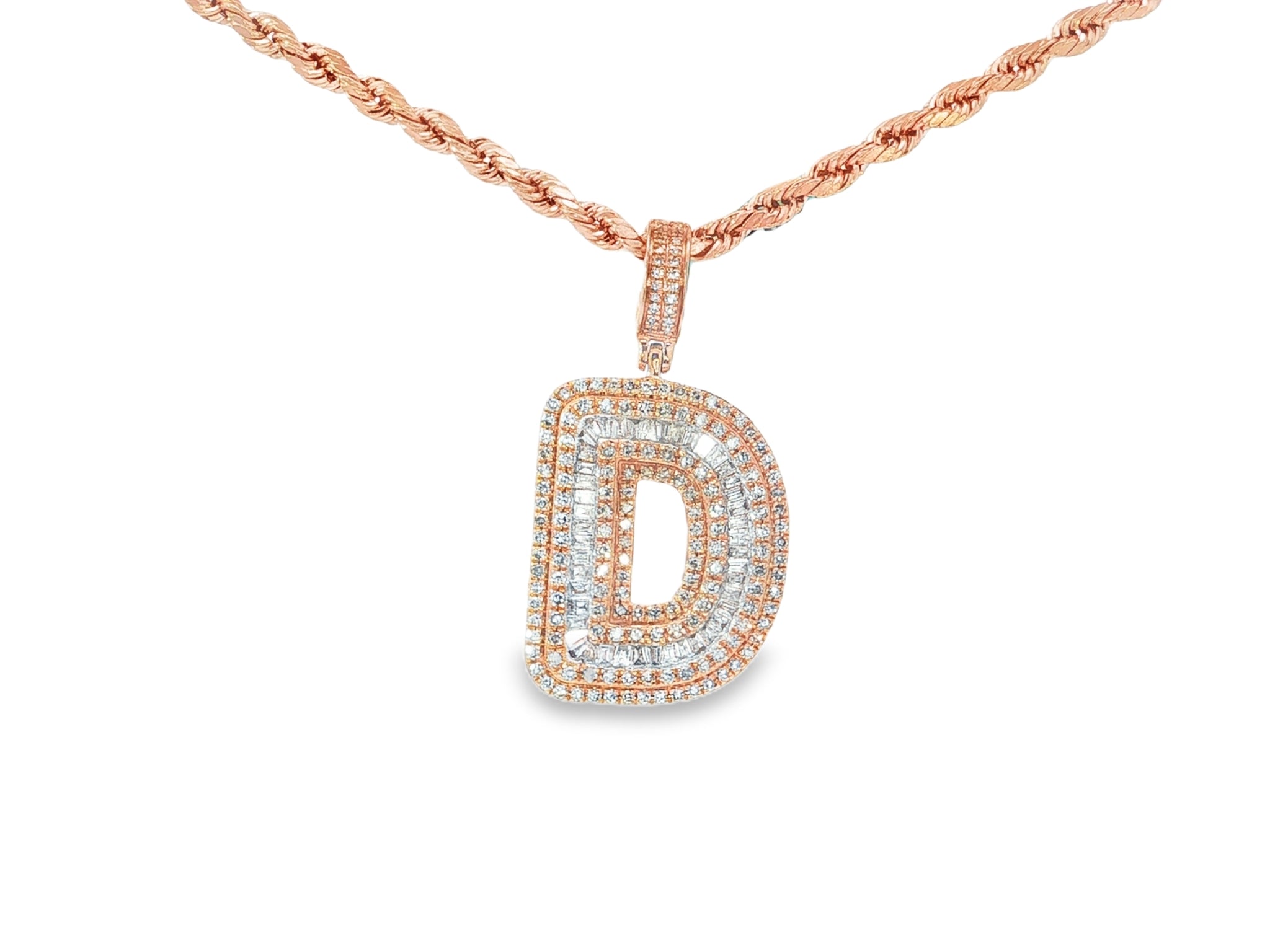 10k Gold Baguette & Round Natural Diamond Initial Pendant 1.00ct