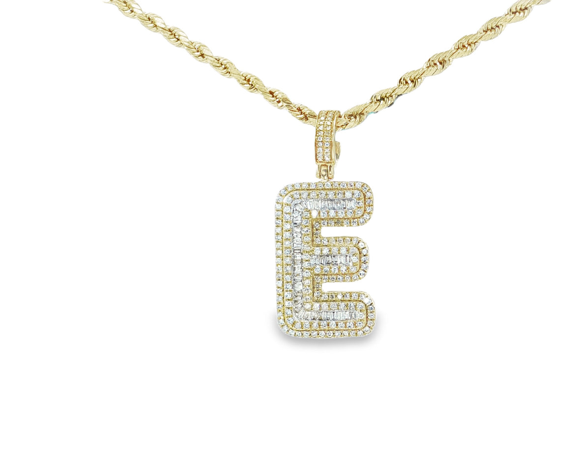 10k Gold Baguette & Round Natural Diamond Initial Pendant 1.00ct