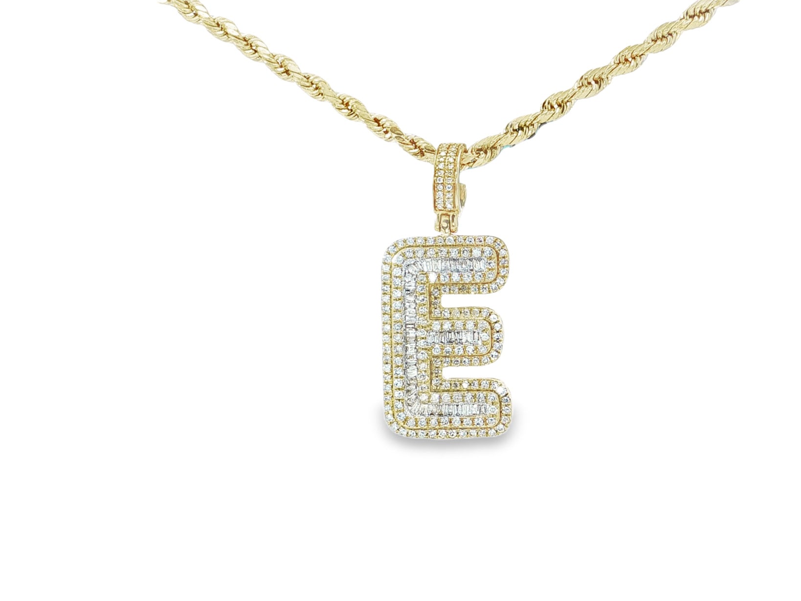10k Gold Baguette & Round Natural Diamond Initial Pendant 1.00ct