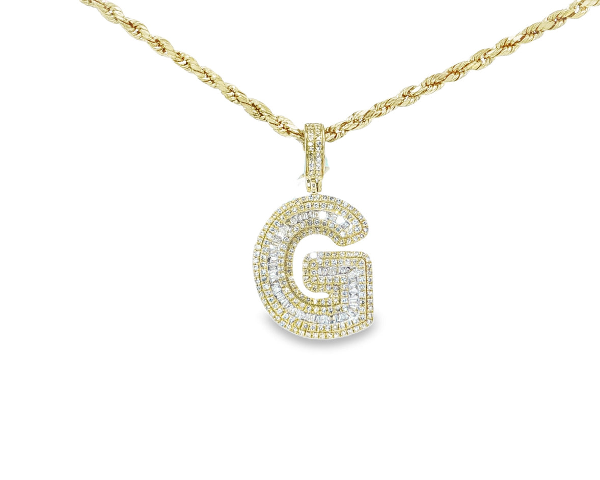 10k Gold Baguette & Round Natural Diamond Initial Pendant 1.00ct
