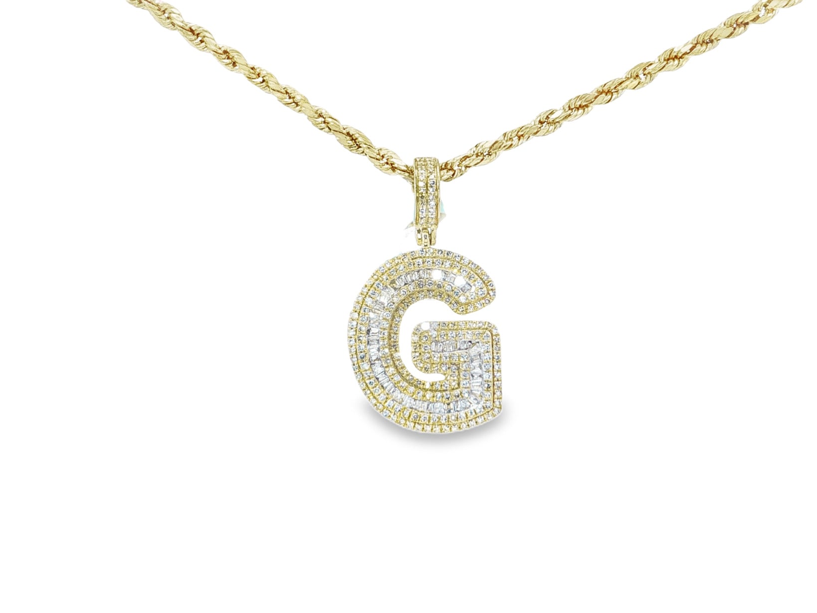 10k Gold Baguette & Round Natural Diamond Initial Pendant 1.00ct