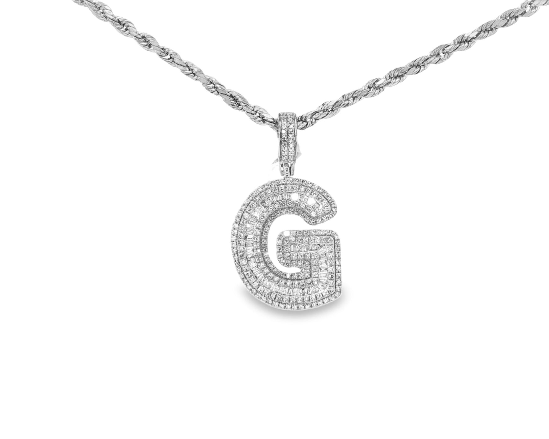 10k Gold Baguette & Round Natural Diamond Initial Pendant 1.00ct