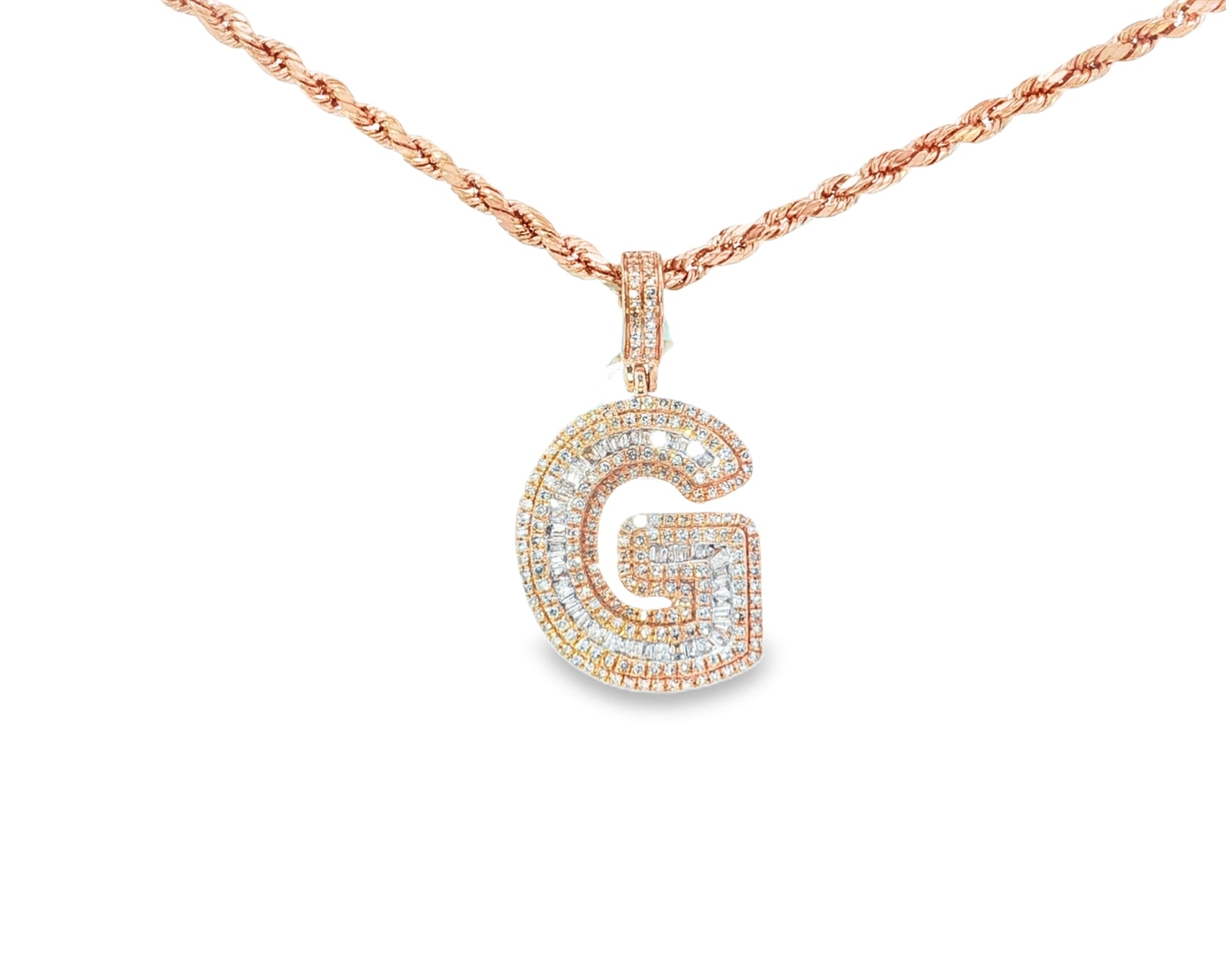 10k Gold Baguette & Round Natural Diamond Initial Pendant 1.00ct