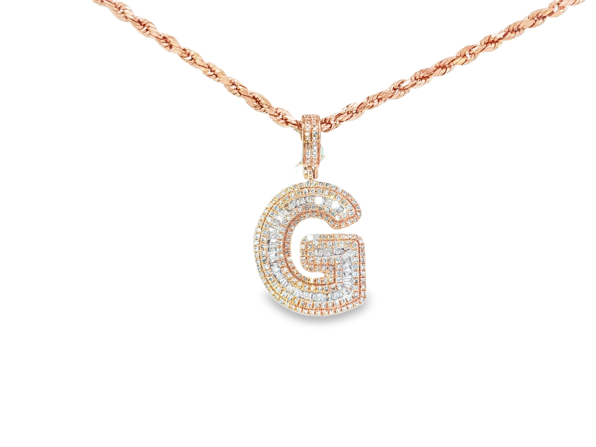 10k Gold Baguette & Round Natural Diamond Initial Pendant 1.00ct
