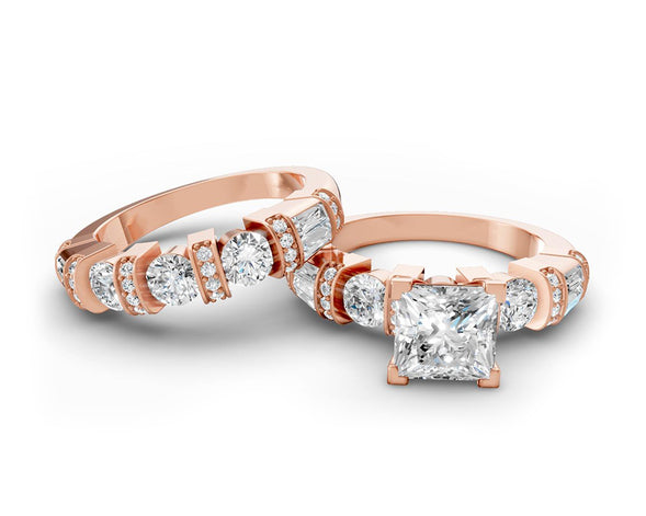 14K Gold Diamond Bridal Ring Set with Princess-Cut Center & Accent Bands 4.00ct