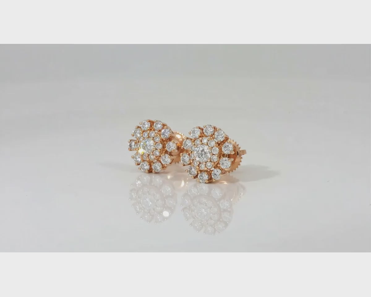 14k Gold Diamond Earrings with Round Cluster Floral Design 1.06ct – product video