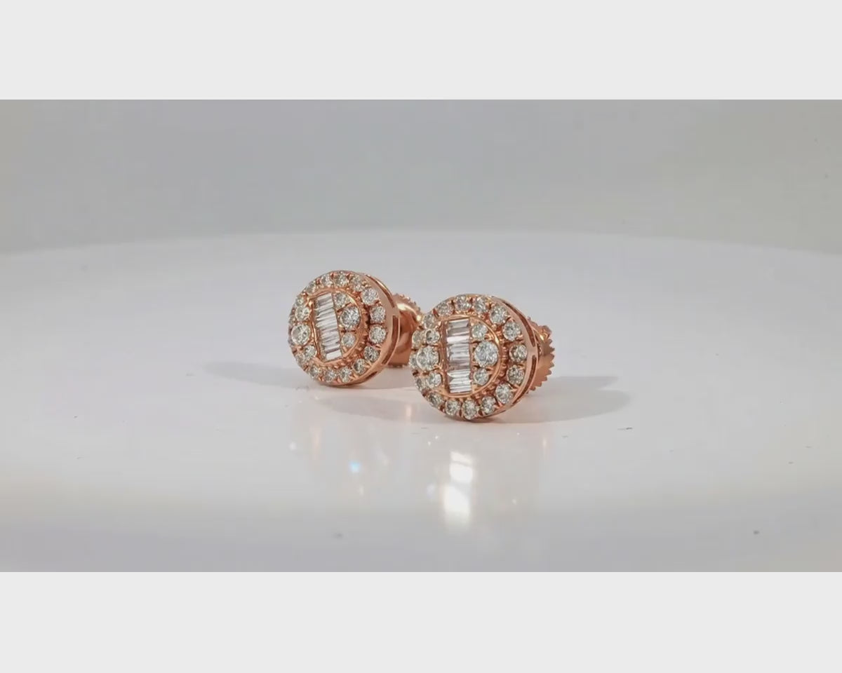 10k Gold Diamond Earrings with Round & Baguette-Cut Halo Circle Design 0.74ct – product video